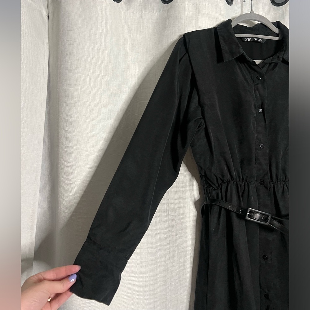 Zara Black Long Sleeve Belted Button Up Dress Small - Picture 4 of 9